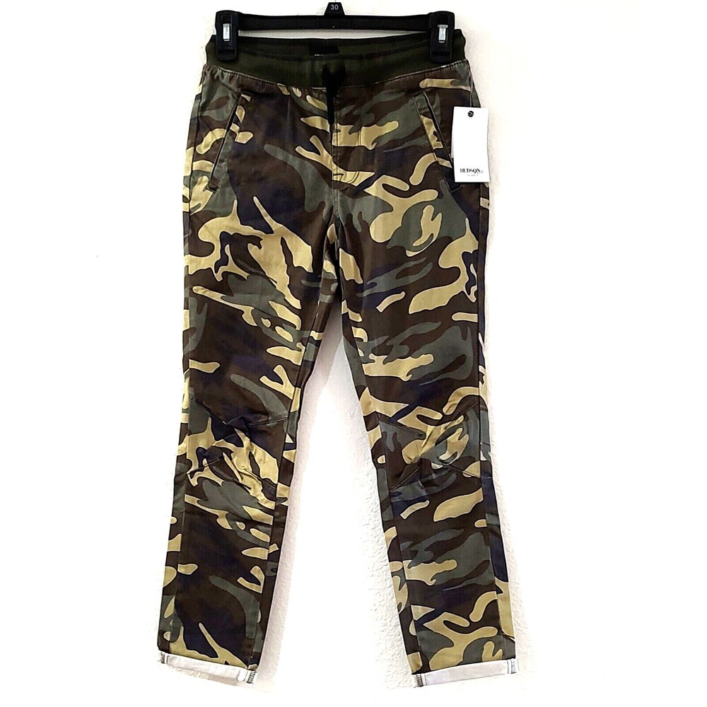 HUDSON Kids Army Jogger Pants Unisex M Green Twill Camo Stretch Drawstring New